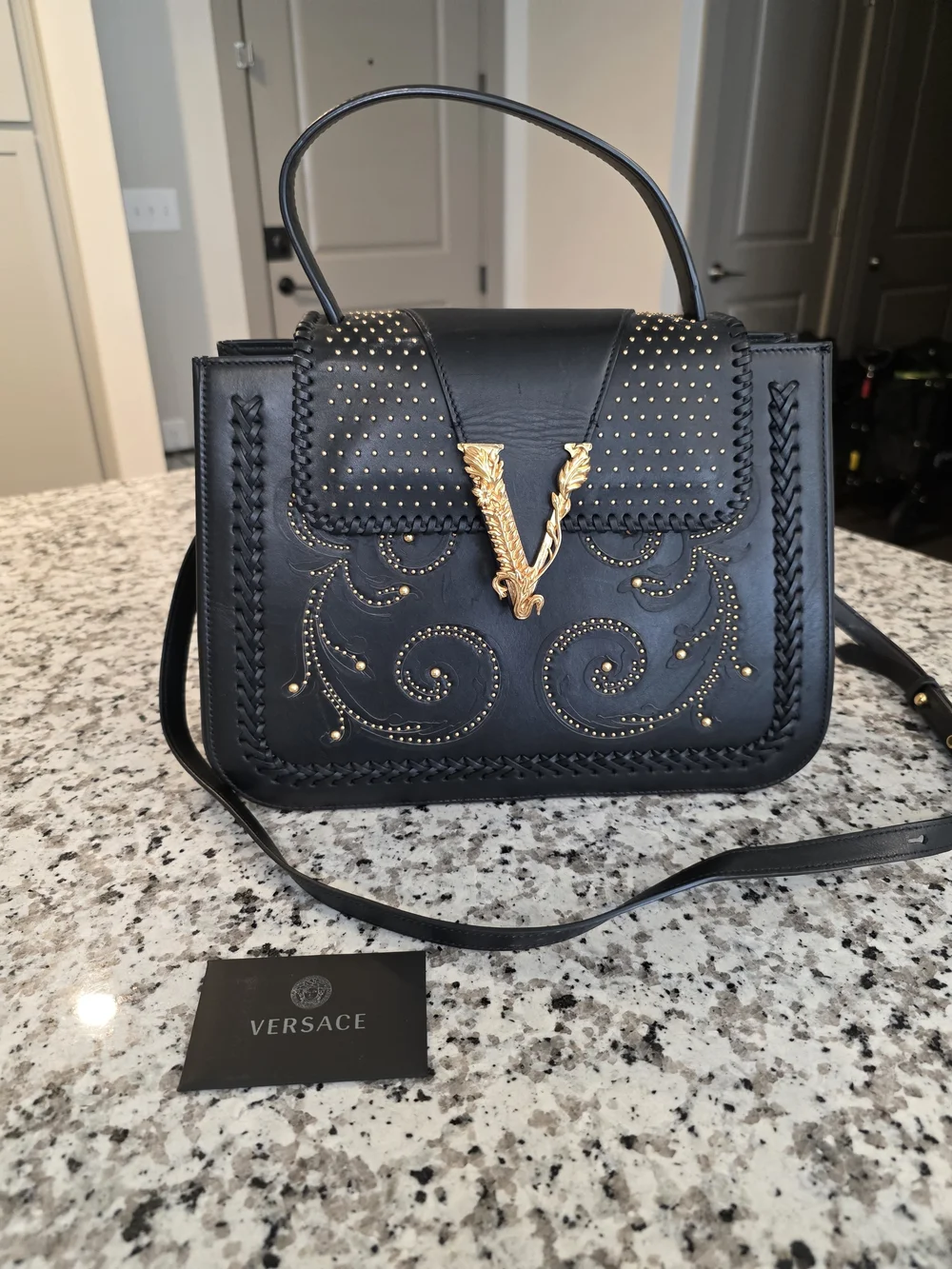 Versace Black Leather Satchel with Gold V Leaf Emblem